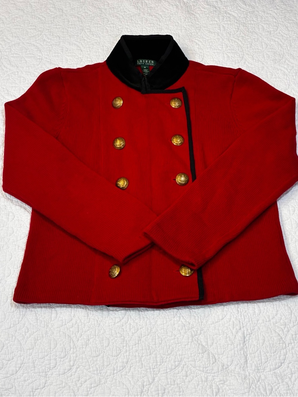 LAUREN RALPH LAUREN Red Military Cardigan Sweater Jacket Cotton Gold Buttons M